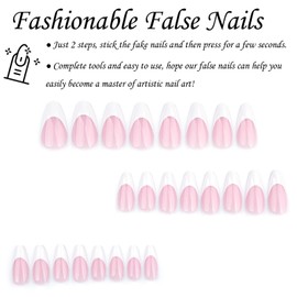 DMQ French False Nails, 24Pcs Almond Press on Nails Medium, Full Cover Fake Nails Nude Pink White, Oval Stick on Nails with Glue, French Fake Nails Stick on Nails for Women Girls Nail Art