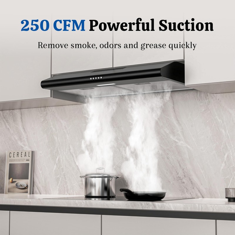 FIREGAS Black Under Cabinet Range Hood 30 Inch, Ducted/Ductless Convertible