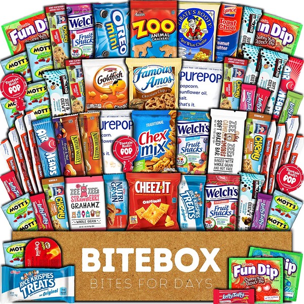 BiteBox Care Package (60 Count) Snacks Food Cookies Granola Bar Chips Candy Ultimate Variety Gift Box Pack Assortment Basket Bundle Mix Bulk Sampler Treats College Students Office Staff Back to School