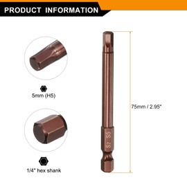HARFINGTON 5pcs Hex Head Wrench Drill Bit 5mm(H5) Metric 1/4" Hex Shank 3"(75mm) Length S2 Steel Magnetic Impact Drivers Screwdriver Bit Industrial Grade Hexagon Electric Drill Bits