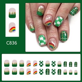 24Pcs St. Patrick's Day Fake Nails French Tip Press on Nails Glitter Grid Stripe Rainbow Designs False Nails Full Cover Green Acrylic Nails Reusable St. Patrick's Day Glue on Nails for Women