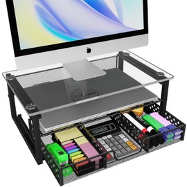 Simple Trending 2-Tier Glass Metal Monitor Stand Riser,Computer Desk Organizer with Drawer for Laptop, Computer, iMac,Storable K-Cups Black