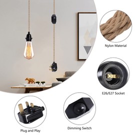 15FT Vintage Plug in Pendant Light Cord Hanging Light Dimmer Switch Kit DIY with Twisted Nylon Rope, Industrial Ceiling Pendant Lighting E26 E27 Socket for Farmhouse Kitchen Cable [Energy Class A++]