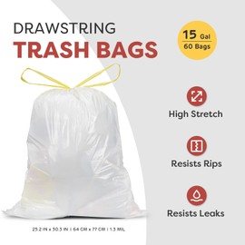 Holuwiso 15 Gallon Trash Bags Drawstring, 1.3 Mil Ultra Thick High Stretch Tall Kitchen Compressed Garbage Bags, 25.2 x 30.3 Inches Strong Trash Liners for Kitchen Home Office Lawn, White / 60 Count