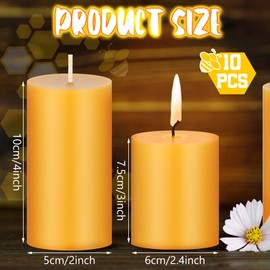 Threlaco 10 Pcs Pure Beeswax Candles Set Natural Unscented Beeswax Pillar Candle 2.4 x 3 Inch 2 x 4 Inch Smokeless Bees Wax Candles Long Burn Time Scentless Candles for Prayer Decoration Home Relax
