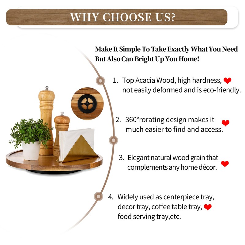 Hanobe Wood Tray Lazy Susan: Round Acacia Wooden Turntable Decorative