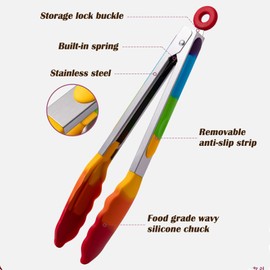 Rainbow Tongs for Cooking, Heat Resistant Stainless Steel Kitchen Tongs with Silicone Tips, 9 & 12 Inch Silicone Tongs, Set of 2