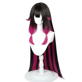 Columbina Wig Black Mixed Red Long Straight Small Ponytail Cosplay Wig Heat Resistan Synthetic Fiber Hair for Unisex Adult Halloween Cos Anime Party Replacement Wigs