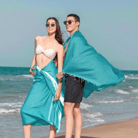 NOUR Premium hammam towel, pack of 2, made of 100% cotton, 100 x 200 cm, picnic blanket, sauna towel, beach towel, extra light, absorbent, quick-drying, sand-free (petrol blue)