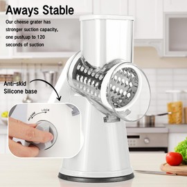 Dreamhigh Käsereibe mit Kurbel, Gemüseschneider 3 Edelstahl Austauschbaren Trommelklingen, Manuelle Trommelreibe, Gemüsehobel, Starke Saugwirkung, Ideal für Gurken, Käse Nüsse, Karotten usw, Weiss