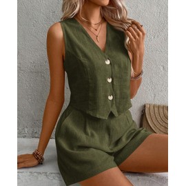 Ellunis 2 Piece Linen Sets for Women Sleeveless V Neck Vest Button Waistcoat and Pockets High Waisted Work Suit Short Sets