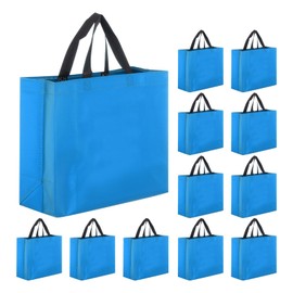 MECCANIXITY 12pcs Reusable Gift Bags, Lake Blue Tote Glossy Grocery Shopping Bag with Handles for Birthday Parties, Wedding, Christmas - 13"x10.6"x5.1"