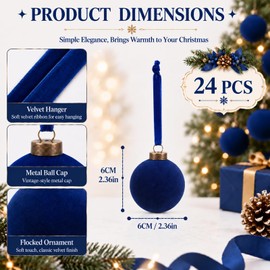 Velvet Christmas Balls Bulk Shatterproof Plastic Christmas Tree Decorations for Decorative Hanging Baubles (24, Navy Blue, 2.36Inch)