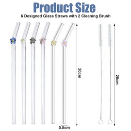 Tomtary 6pcs Reusable Bent Glass Straws with 2 Cleaning Brushes Shatter Resistant Curved Colorful Flowers Design Drinking Straws for Smoothies Juice Tea Coffee Milkshakes