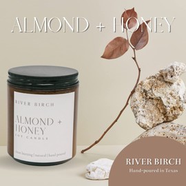 River Birch Candles Almond + Honey Scented Candle | Premium, All-Natural, Non-Toxic, Soy Amber Jar Candles | 8.5oz 40 Hr Burn Time | Cozy Relaxing Gifts for Home