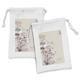 Lunarable Dragonfly Fabric Pouch Set of 2, Plants Petals Winged Bugs Soft Color Design Grunge Effects Vintage Style, Small Drawstring Bag for Toiletries Masks and Favors, 9" x 6", Multicolor