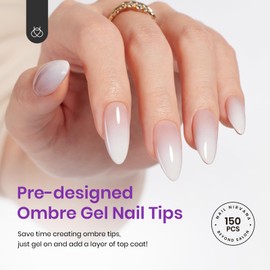 Beetles Almond Press on Nails French Tip Gel Nails 150PCS 4-IN-1 Medium Nude Gradient Gel Nail Tips Gel French Tip Nails Etch X Pre-Primer & Base Coat, Easy False Nail Tips