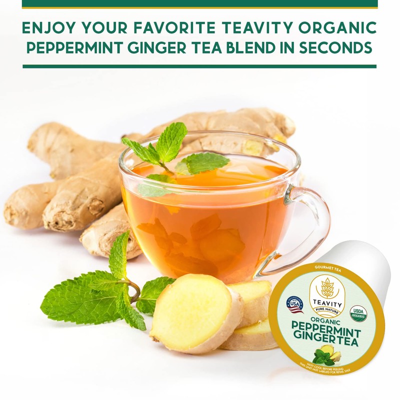 Teavity Organic Peppermint Ginger Tea Pods for Keurig - Decaf,