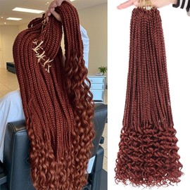 Mscat 18 Inch Goddess Box Braids Crochet Hair with Curly Ends 8 Packs Copper Red Pre-looped 3X Synthetic Boho Box Braiding Hair for Women (15Strands/pack 350#)