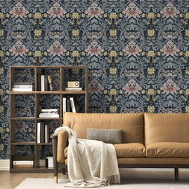 Abyssaly Blue Floral Peel and Stick Wallpaper, Moody Contact Paper, Removable Self-Adhesive Printed William Morris Vintage Flower Wall Murals for Bathroom Bedroom Home Decor 17.3in x 118in