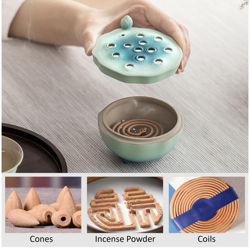 Zen Incense Burner with Lotus Lid Design (Lake Blue), Ceramic