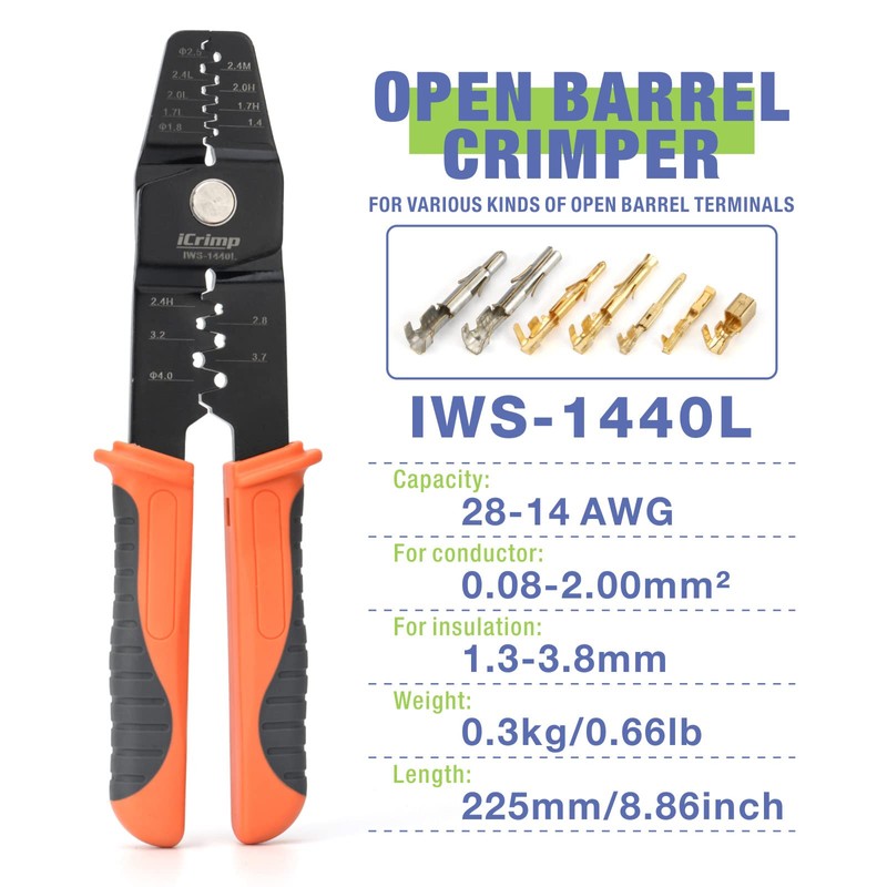 iCrimp Open Barrel Terminals Crimper for Various-sized Contacts AWG 28-14