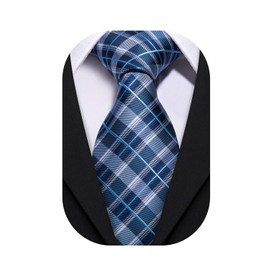 Barry.Wang - Conjunto de corbata a cuadros para hombre con gemelos de pañuelo a rayas clásicas, Cuadros azules dobles, Talla única