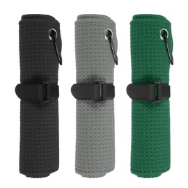 PATIKIL 16"x16" Microfiber Golf Towel, 3 Pack Tri-Fold Golf Towels Waffle Pattern Towels Absorption with D Clip, Hook and Loop Fastener, Black/Gray/Dark Green