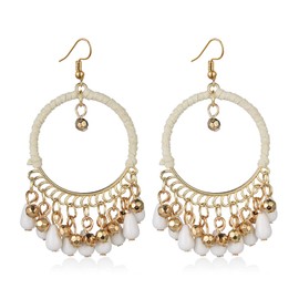 KVANU Handmade Creative Colorful Bohemian Chandelier Teardrop Bead Dangle Drop Earrings Ethnic Gypsy Beads Tassel Hoops Earrings for Women (1-White)