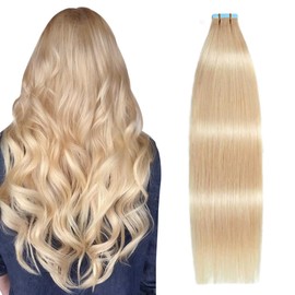 SUYYA Tape in Hair Extensions Human Hair Ash blonde 100% Remy Hair 18 inches 20pcs 50g/pack Straight Seamless Skin Weft Tape in Human Hair(18Inch #16 Light Blonde)