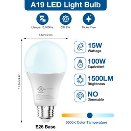 DAYBETTER LED Light Bulbs, A19 5000K Daylight Light Bulbs 100 Watt Equivalent, 1500LM Bright White Light Bulbs, E26 Standard Base, Non-Dimmable, 15 Watt Lightbulbs for Home Office, 12 Pack