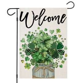EKOREST Welcome St Patricks Day Garden Flags for Outside, Lucky Shamrock in Mason Jar Small Seasonal Decoration for Holiday Irish Anniversary Yard Outdoor Decor 12x18 Inch Double Sided
