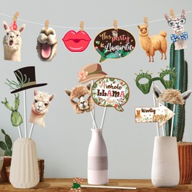 Cheereveal 24Pcs Funny Llama Photo Booth Props, Alpaca Cactus Selfie Props for Bolivian Peru Mexican Fiesta Themed Birthday Baby Shower Party Photoshoot Decorations