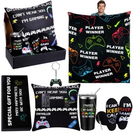 Ziliny 6 Pcs Gamer Gifts for Boys Graduation Gifts Sets Gaming Throw Blanket Tumblers Funny Pillow Covers Socks Keychain and Gift Box for Graduate Men Teen Boys Gamer Lover Gifts