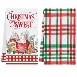 Cylanta Christmas Kitchen Towels Dish Towels Set of 2, 18x26 Inch Red Green Buffalo Plaid Xmas Sweet Trees Seasonal Hand Towel for Cooking Decoration