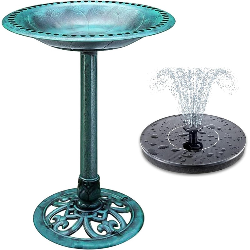 Bird Bath with Solar Fountain, 24 Inch Height Green Birdbath