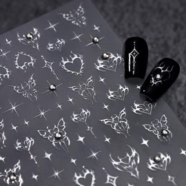 5D Embossed Star Nail Stickers Butterfly Heart Nail Art Stickers Silver Star Nail Decals Self-Adhesive Rhinestone Stickers Bling Nail Supplies for Women Girls DIY Manicure