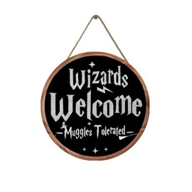 Wizards Welcome Sign, 12 x 12 inches, Room Decor, Home Decor, Wizardry Theme, Door Wall Hanging Wood Plaques, Magic Christmas Gifts (A-Wizards Welcome)