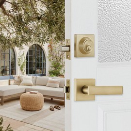 NCSEN Front Door Locksets with Single Cylinder Deadbolt,Heavy Duty Door Handles,Square Exterior Door Lever Combination Set(Satin Brass)