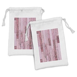 Ambesonne Wood Print Fabric Pouch Set of 2, Pastel Pink Rustic Planks a Distressed Look Barn House Cottage Theme, Small Drawstring Bag for Toiletries Masks and Favors, 9" x 6", Pink Pale Pink Grey