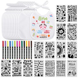 BOOMTOP 12 Baby Bibs for Painting, Baby Bib, Cotton with 12 x Textile Pens, 15 x Painting Stencils, Baby Shower Decoration, Games, Waterproof Bibs for Babies, Boys, Girls, Baby Shower, Animals