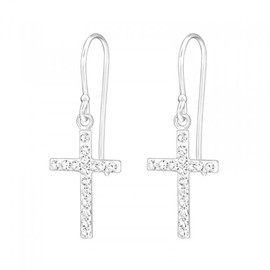 Small Sterling Silver Sparkly Crystal Cross Dangling Earrings