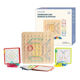 Wuddis Montessori Wooden Geo Board with Rubber Bands - Montessori Toy from 3 Years - FSC Certified, High Safety Standards, 48 Rubber Bands and 40 Pattern Cards