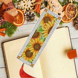DIY Blank Canvas Bookmarks Beautiful Sunflowers Counted Cross Stitch Kits for Adult Kids Beginner Embroidery Crafts Needlework Bookmark for Student Gift 20x6cm