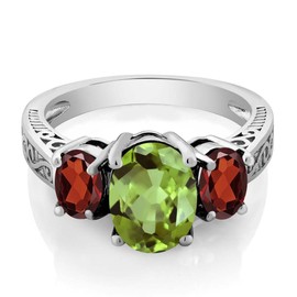 Gem Stone King 2.45 Cttw Green Peridot and Red Garnet 3 Stone Ring For Women | 925 Sterling Silver | Gemstone Birthstone | Available In Size 5,6,7,8,9