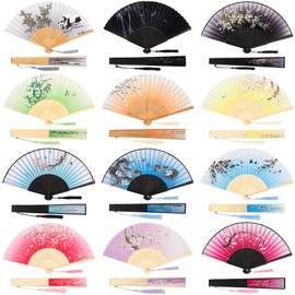 12 Pcs Floral Folding Hand Fans Chinese Style Bamboo Folding Fan Vintage Pattern Hand Fan Handheld Fabric Folding Fan with Tassel Women's Hollowed Hand Holding Fan for Wedding Party (Vivid Style)