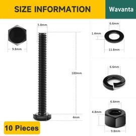 10Pcs M6 x 100mm Hex Head Bolt Screws, Black Oxide 304 Stainless Steel Nuts and Bolts, Flat & Lock Washers, Nuts and Bolts Assortment Kit by Wavanta