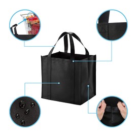 XUHN Reusable Shopping Bag, Black, Pack of 2, 38 x 35 x 25 cm, Sturdy Shopping Basket, Foldable, Large and Lightweight with Carry Handles and Small Hook for Shopping, Picnic, Camping