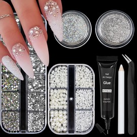 VOTACOS Nail Art Pearls with Nail Rhinestones Glue Gel Flatback Pearls Nail Charms Luxurious Nail Supplies Accessories Gold Silver Nail Gems Jewelry Pearls for Women Nail Design（ST102）