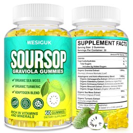 Soursop Graviola Gummies, Max Strength Soursop Leaves Extract with Sea Moss, Turmeric for Cell Support & Regeneration, Immunity, Liver and Antioxidant, Sugar/Gluten Free, Vegan - 60 Soursop Gummies